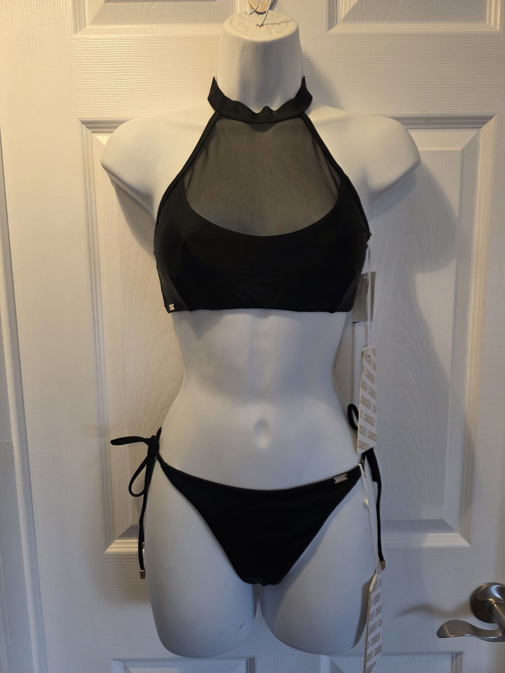 Black Mesh Halter Tie-Side Bikini Set - Unbranded